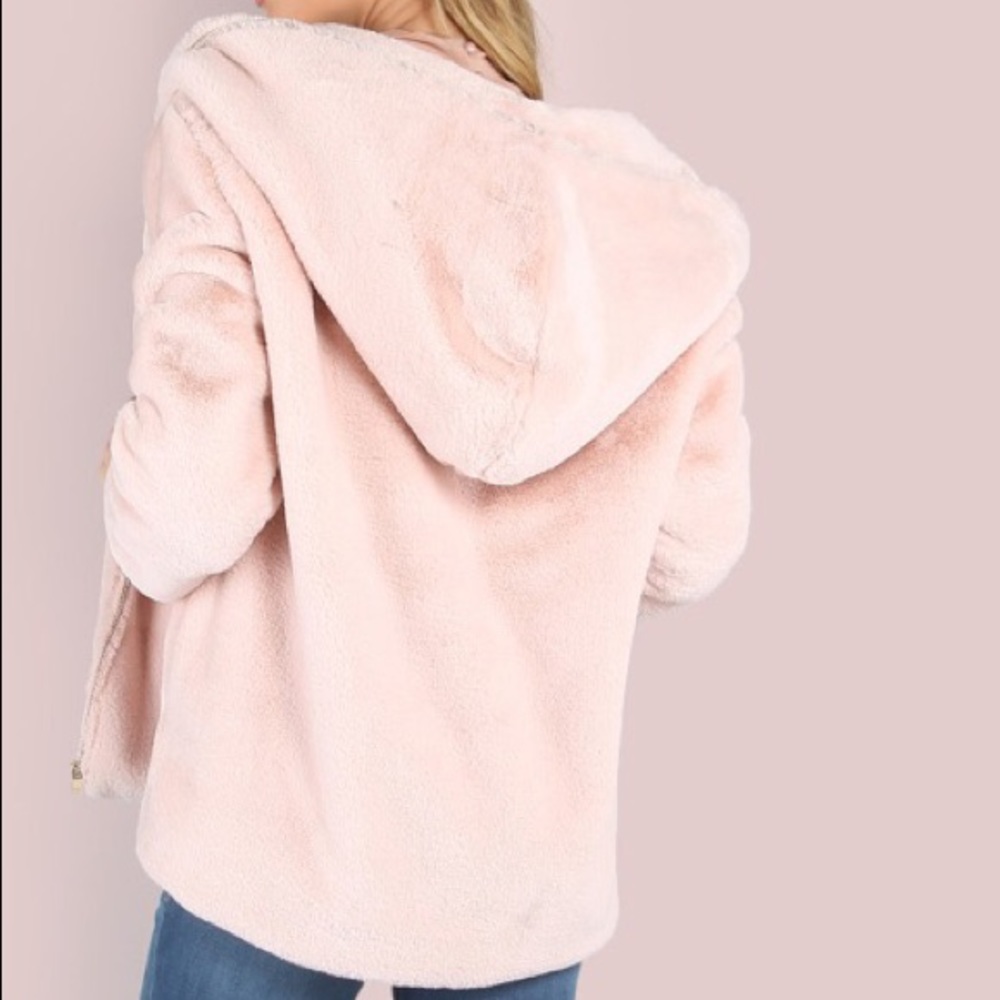 Pink zip up faux fur coat